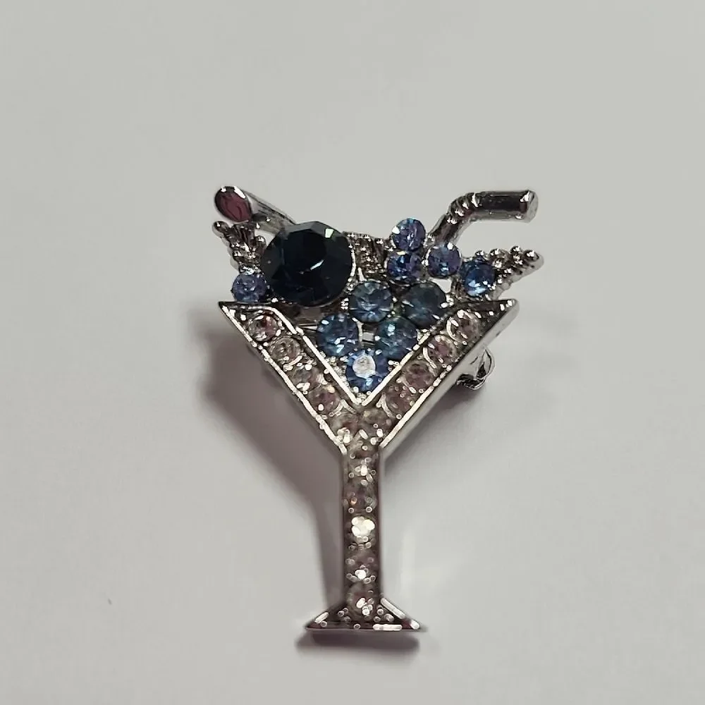 Silver-Tone Blue Crystal Martini Brooch - Women Jewelry